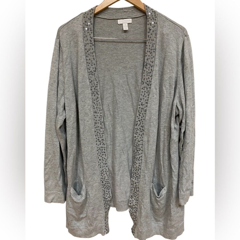 Charter Club Wool Blend Sequin Open Front Cardigan Sweater Size 3X Grey festive